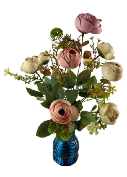 High Quality Artificial Laddu Rose Flower Bunch With 10 Roses 17 Inch and Plastic Pot 8 Inc For Home Decoration